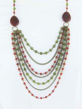 Vintage Avon Green & Red Multi-Strand Layered Bohemian Beaded Necklace